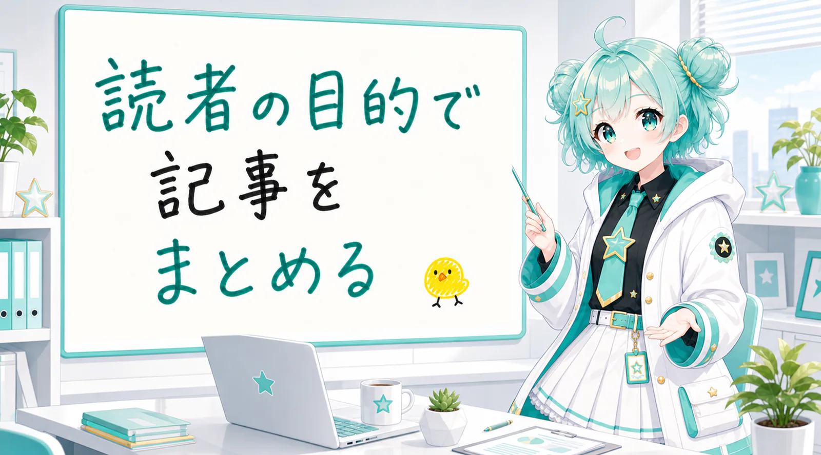 「読者の目的で記事をまとめる」と手書きされたホワイトボードを指す公式キャラクターと、ひよこの落書き