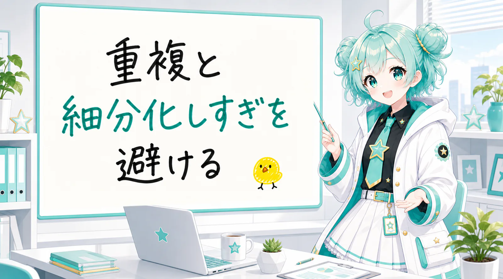 「重複と細分化しすぎを避ける」と手書きされたホワイトボードを指す公式キャラクターと、ひよこの落書き