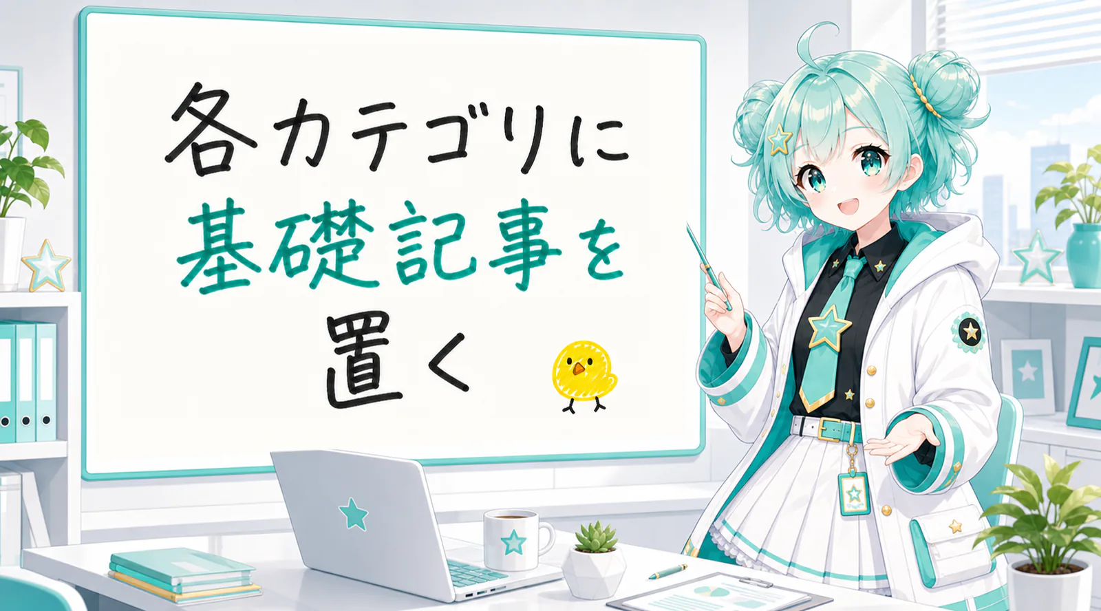 「各カテゴリに基礎記事を置く」と手書きされたホワイトボードを指す公式キャラクターと、ひよこの落書き