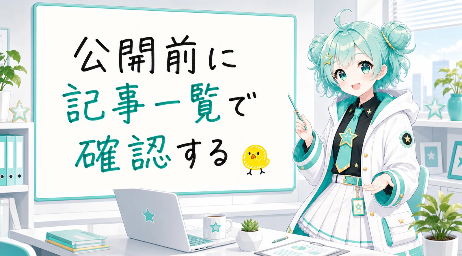 「公開前に記事一覧で確認する」と手書きされたホワイトボードを指す公式キャラクターと、ひよこの落書き