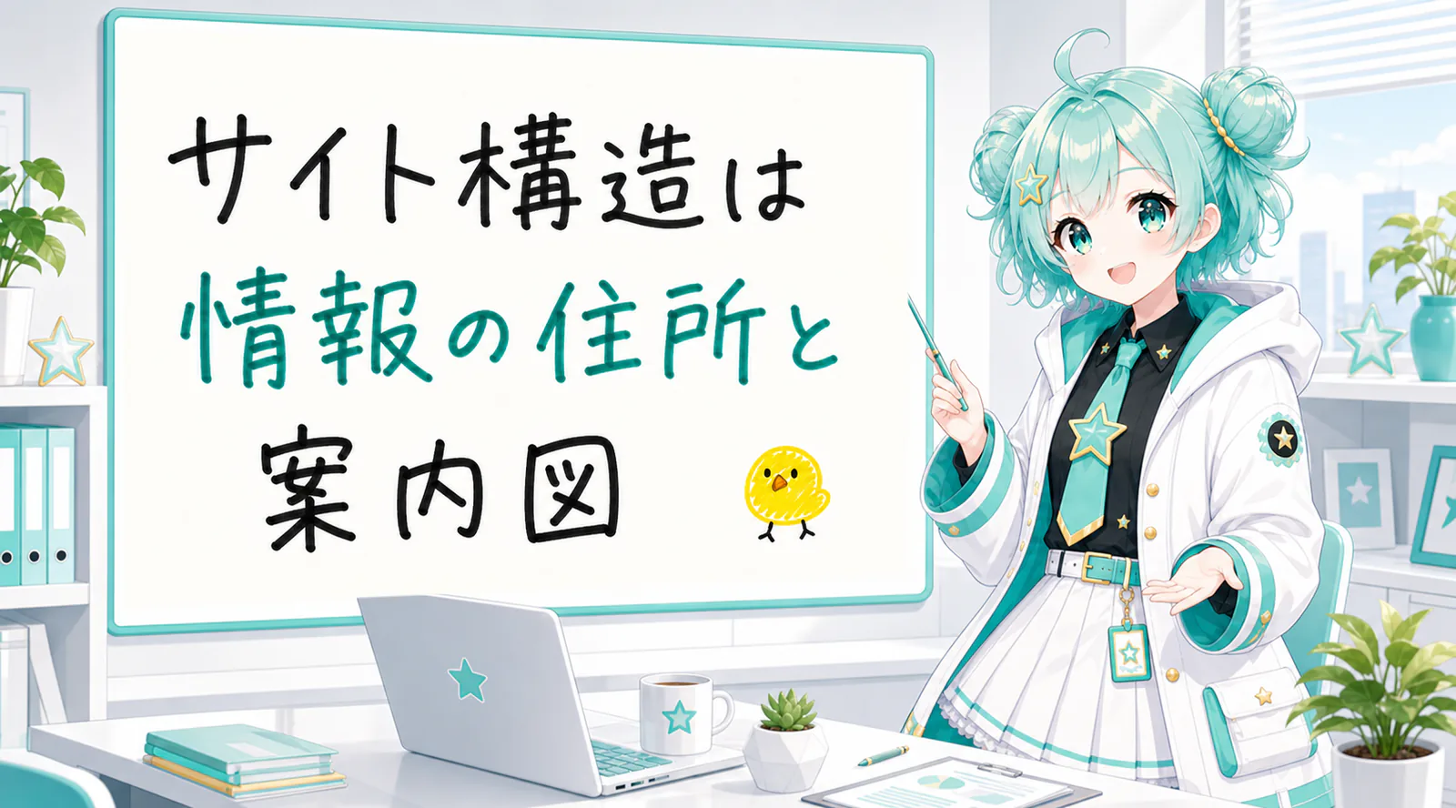「サイト構造は情報の住所と案内図」と手書きされたホワイトボードを指す公式キャラクターと、ひよこの落書き
