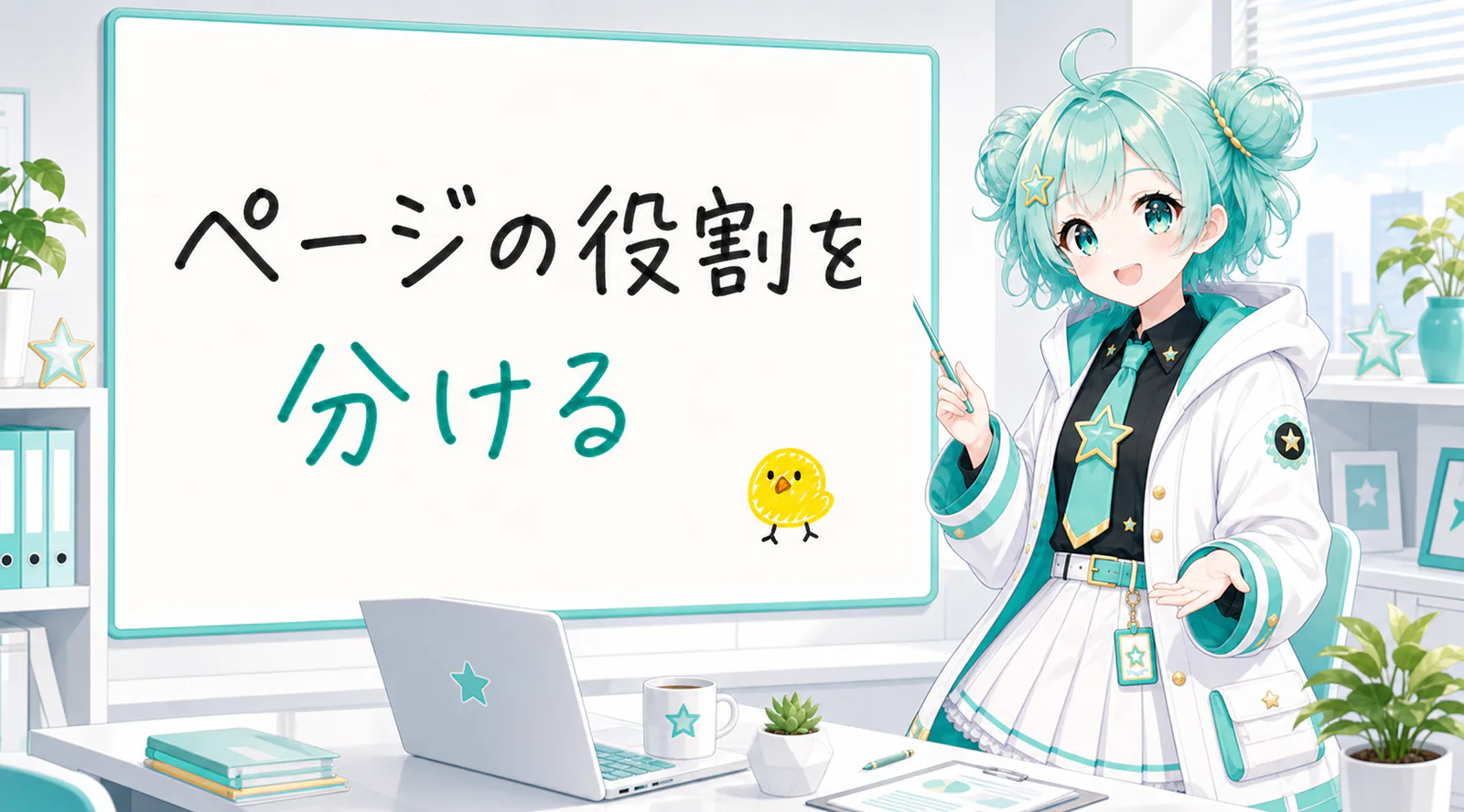 「ページの役割を分ける」と手書きされたホワイトボードを指す公式キャラクターと、ひよこの落書き