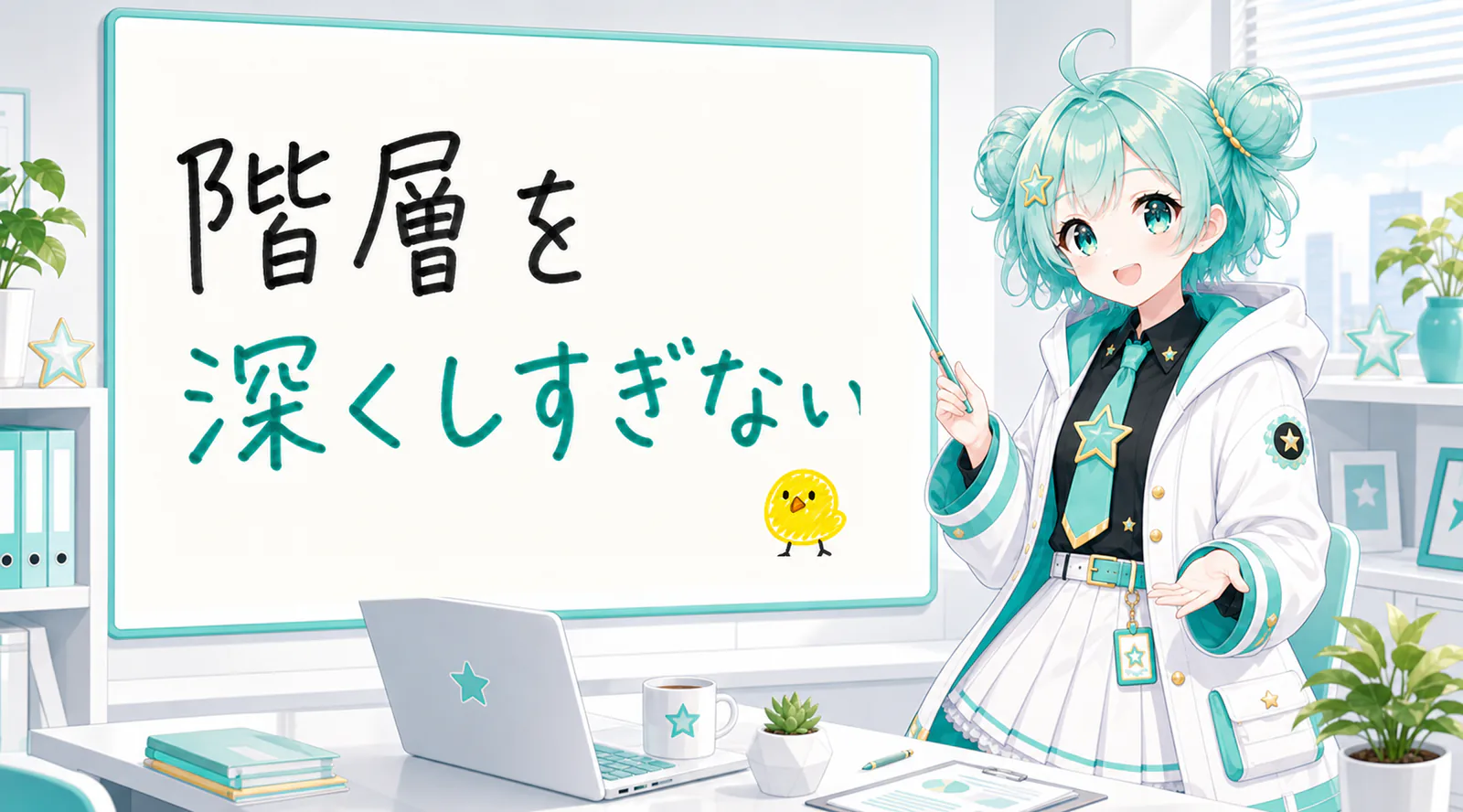 「階層を深くしすぎない」と手書きされたホワイトボードを指す公式キャラクターと、ひよこの落書き