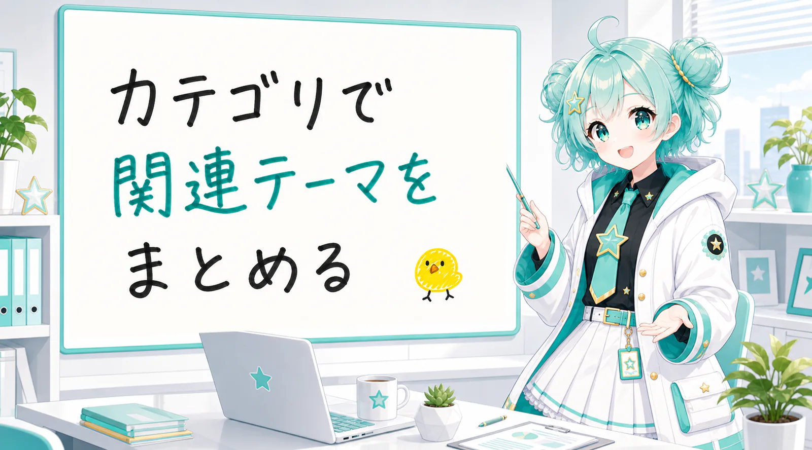 「カテゴリで関連テーマをまとめる」と手書きされたホワイトボードを指す公式キャラクターと、ひよこの落書き