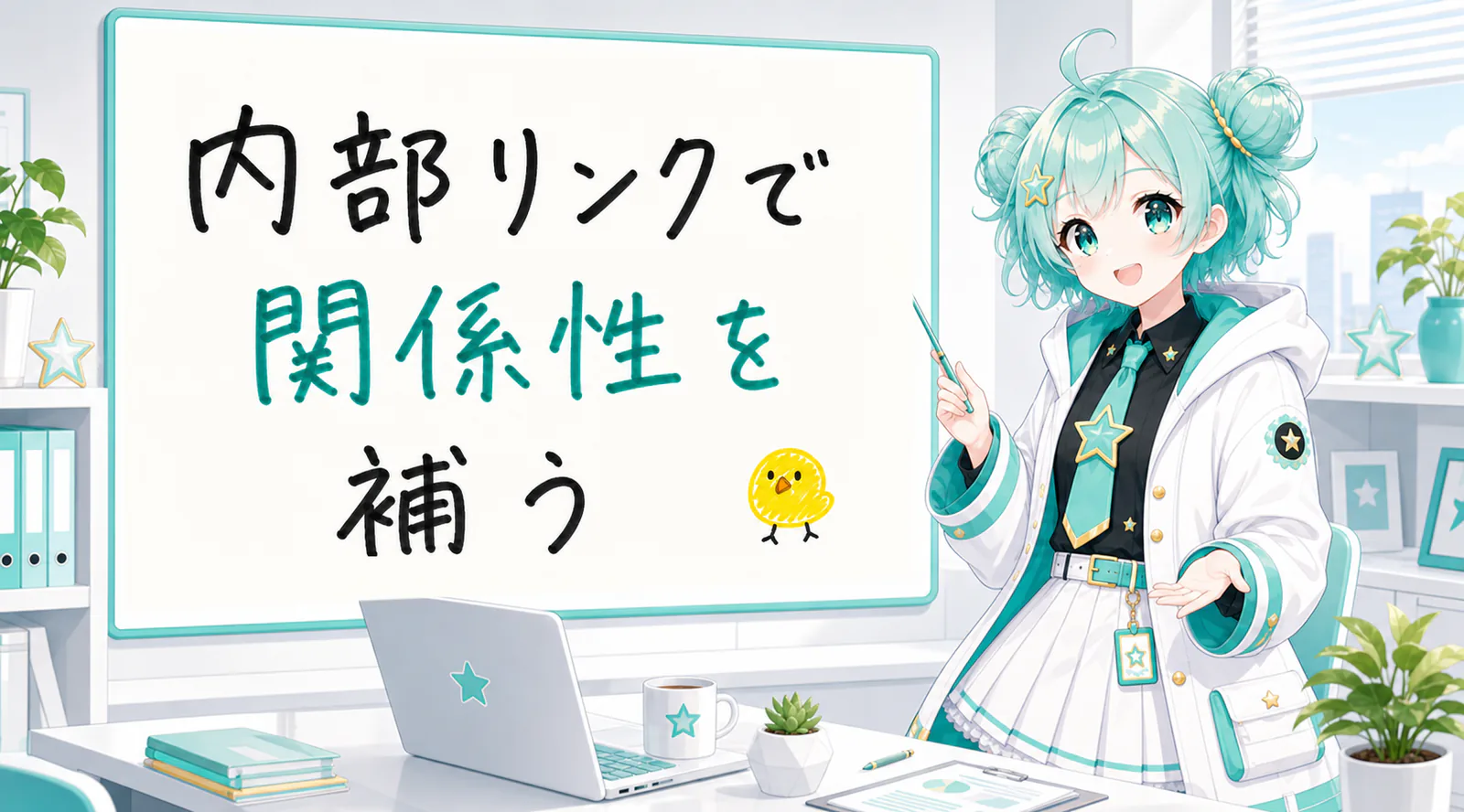 「内部リンクで関係性を補う」と手書きされたホワイトボードを指す公式キャラクターと、ひよこの落書き