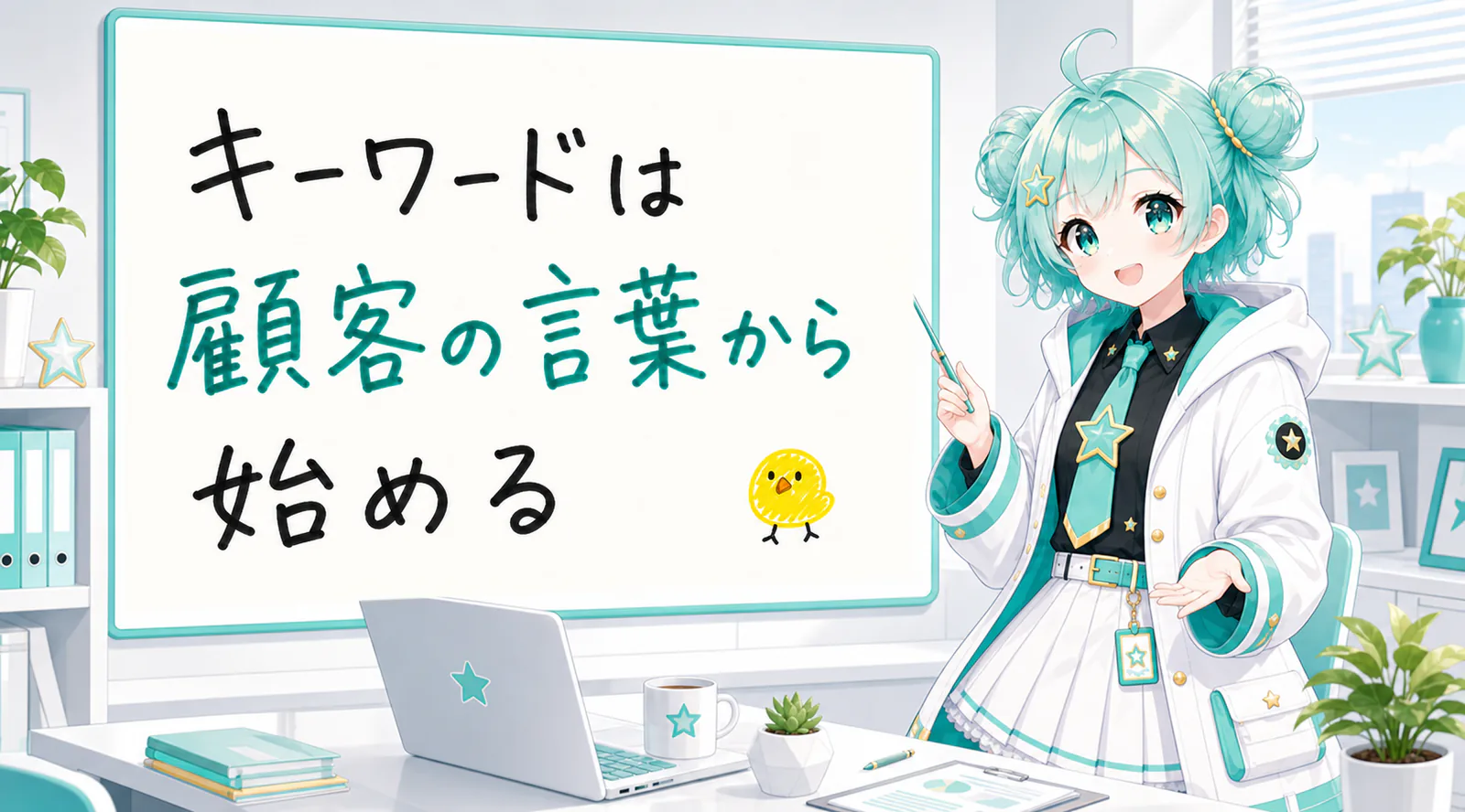 「キーワードは顧客の言葉から始める」と手書きされたホワイトボードを指す公式キャラクターと、ひよこの落書き
