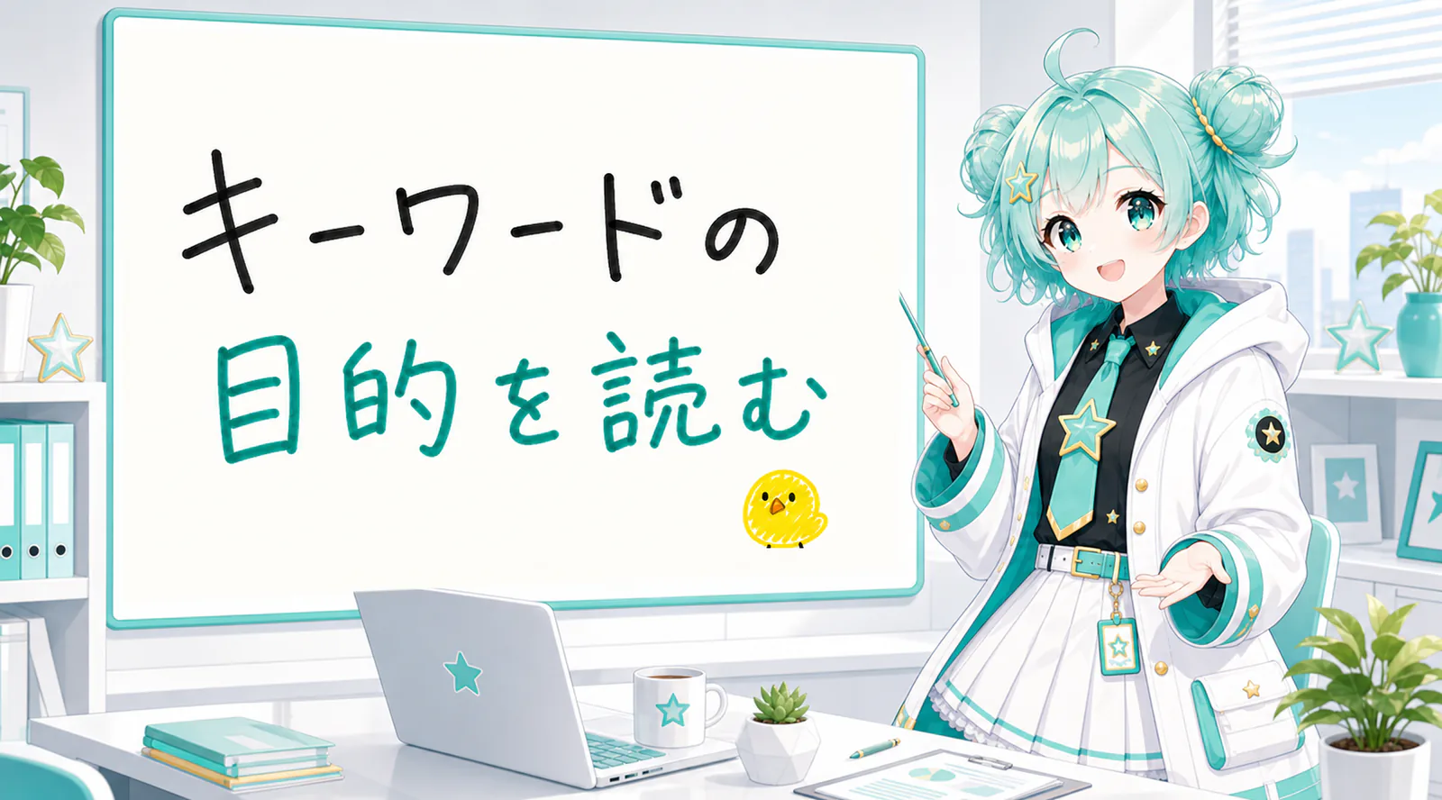 「キーワードの目的を読む」と手書きされたホワイトボードを指す公式キャラクターと、ひよこの落書き