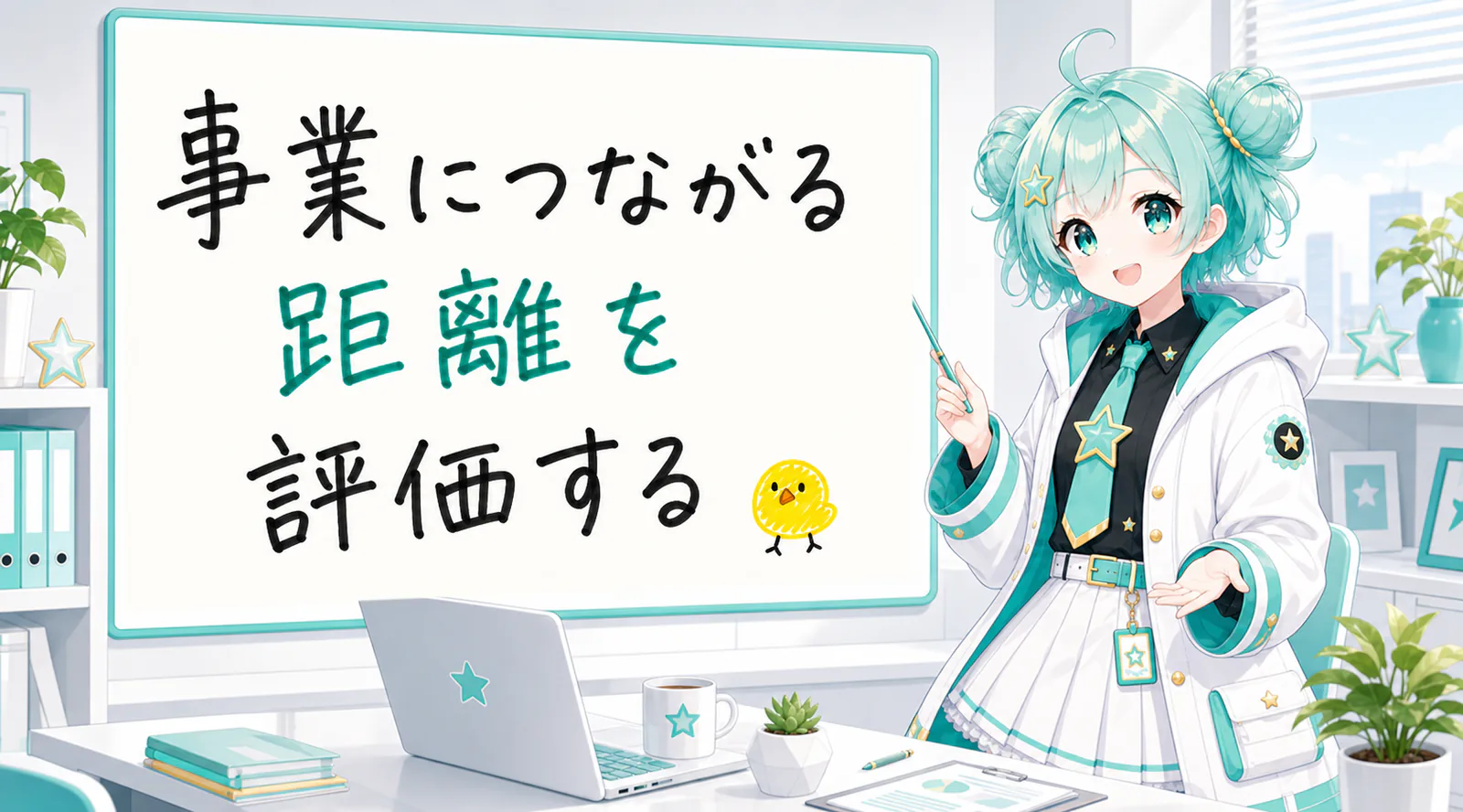 「事業につながる距離を評価する」と手書きされたホワイトボードを指す公式キャラクターと、ひよこの落書き