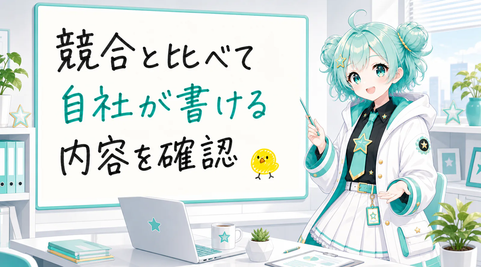 「競合と比べて自社が書ける内容を確認」と手書きされたホワイトボードを指す公式キャラクターと、ひよこの落書き