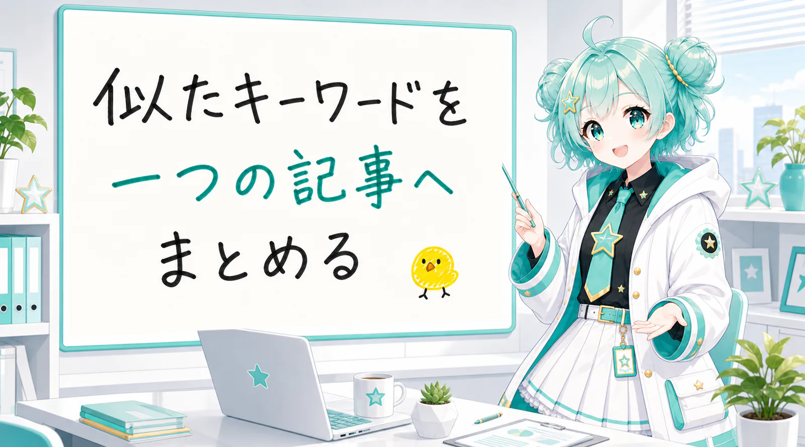 「似たキーワードを一つの記事へまとめる」と手書きされたホワイトボードを指す公式キャラクターと、ひよこの落書き