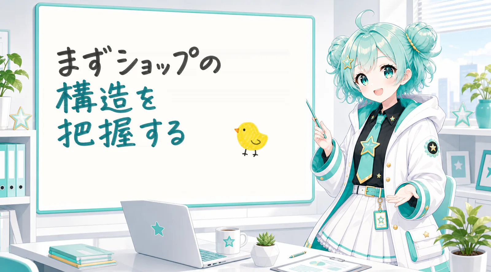 「まずショップの構造を把握する」と手書きされたホワイトボードを指す公式キャラクターと、ひよこの落書き