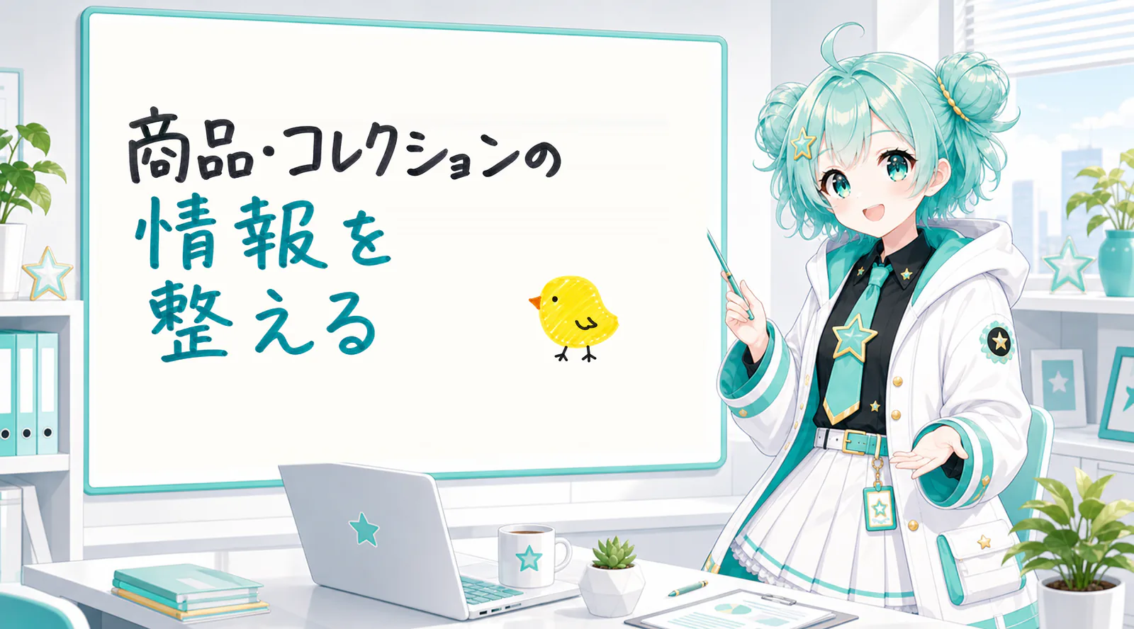 「商品・コレクションの情報を整える」と手書きされたホワイトボードを指す公式キャラクターと、ひよこの落書き