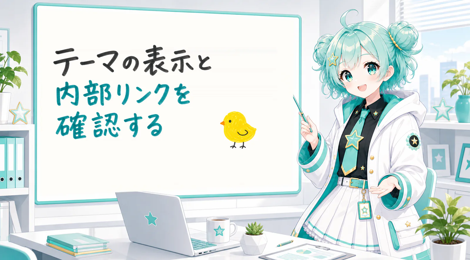 「テーマの表示と内部リンクを確認する」と手書きされたホワイトボードを指す公式キャラクターと、ひよこの落書き
