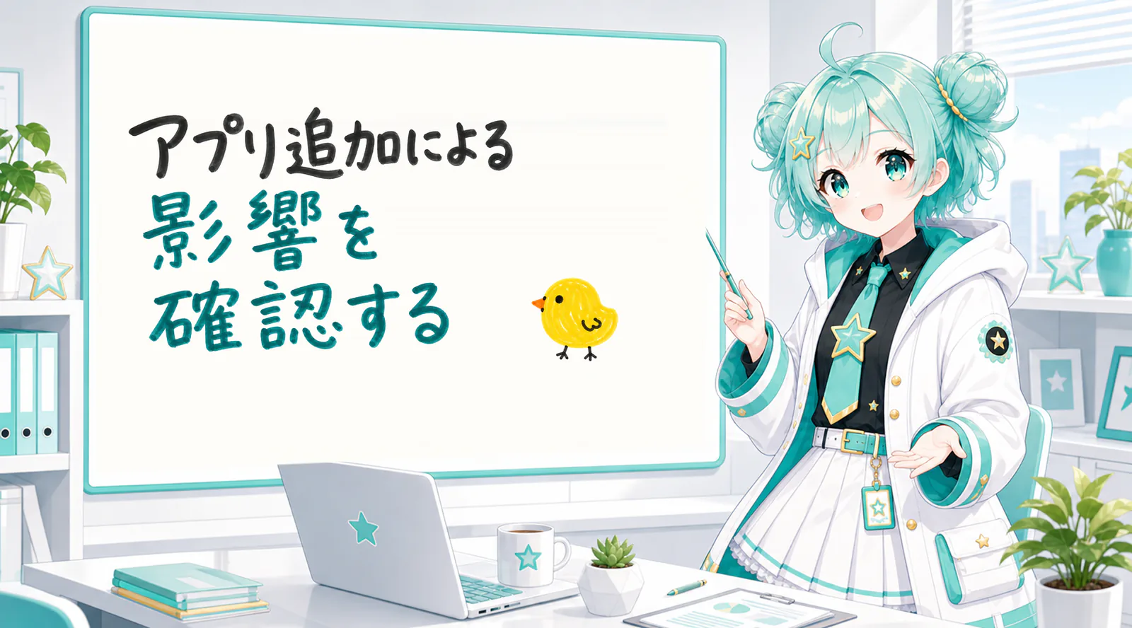 「アプリ追加による影響を確認する」と手書きされたホワイトボードを指す公式キャラクターと、ひよこの落書き