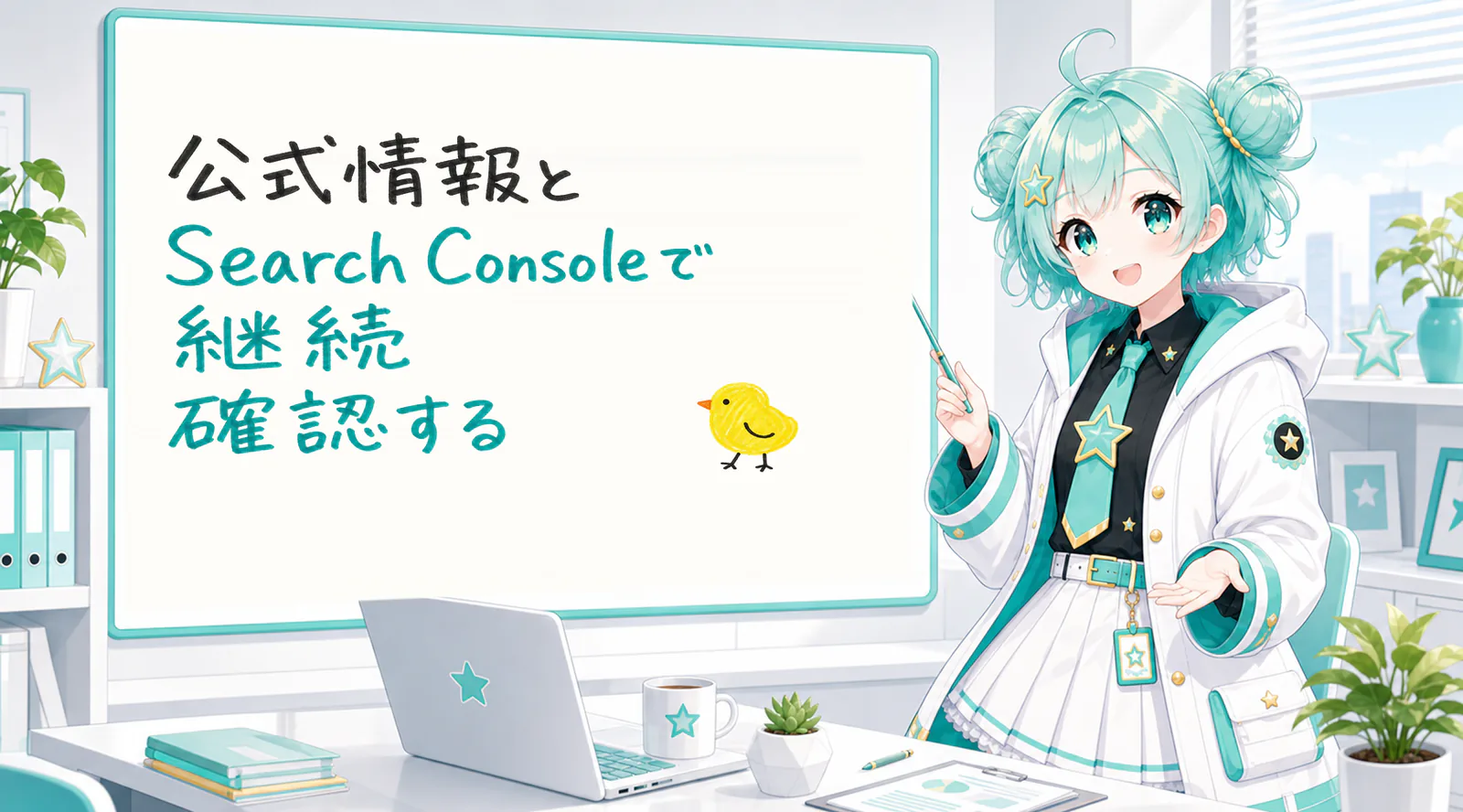 「公式情報とSearch Consoleで継続確認する」と手書きされたホワイトボードを指す公式キャラクターと、ひよこの落書き