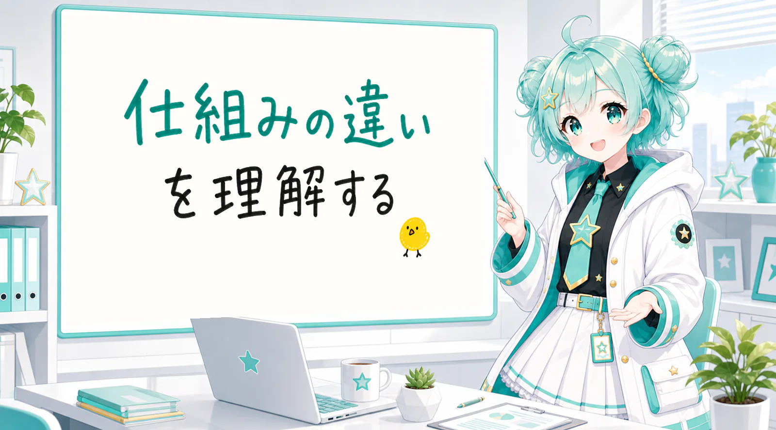 「仕組みの違いを理解する」と手書きされたホワイトボードを指す公式キャラクターと、ひよこの落書き