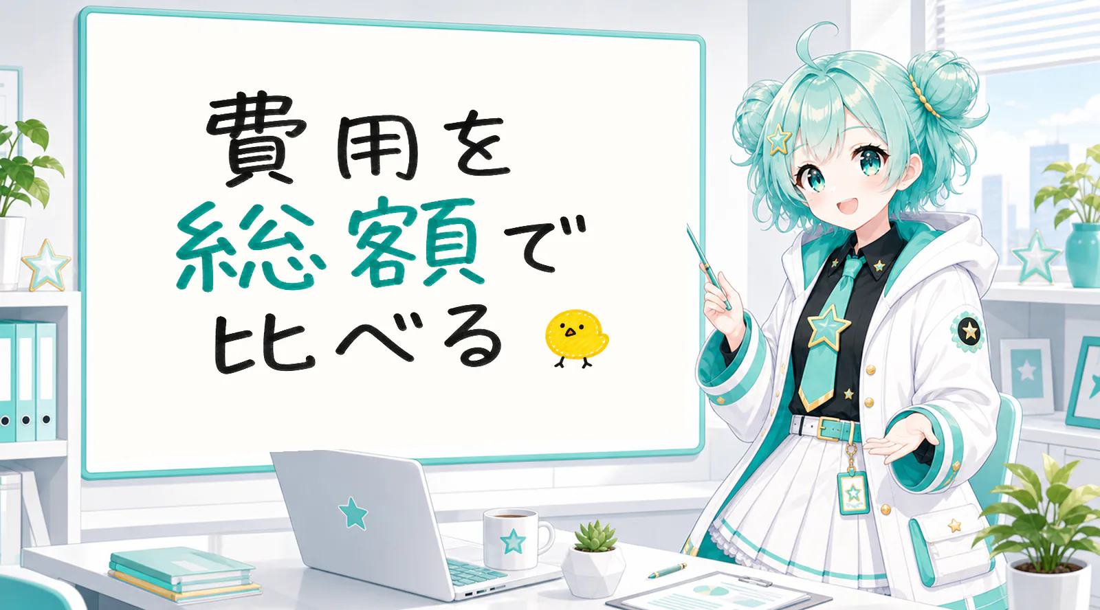 「費用を総額で比べる」と手書きされたホワイトボードを指す公式キャラクターと、ひよこの落書き