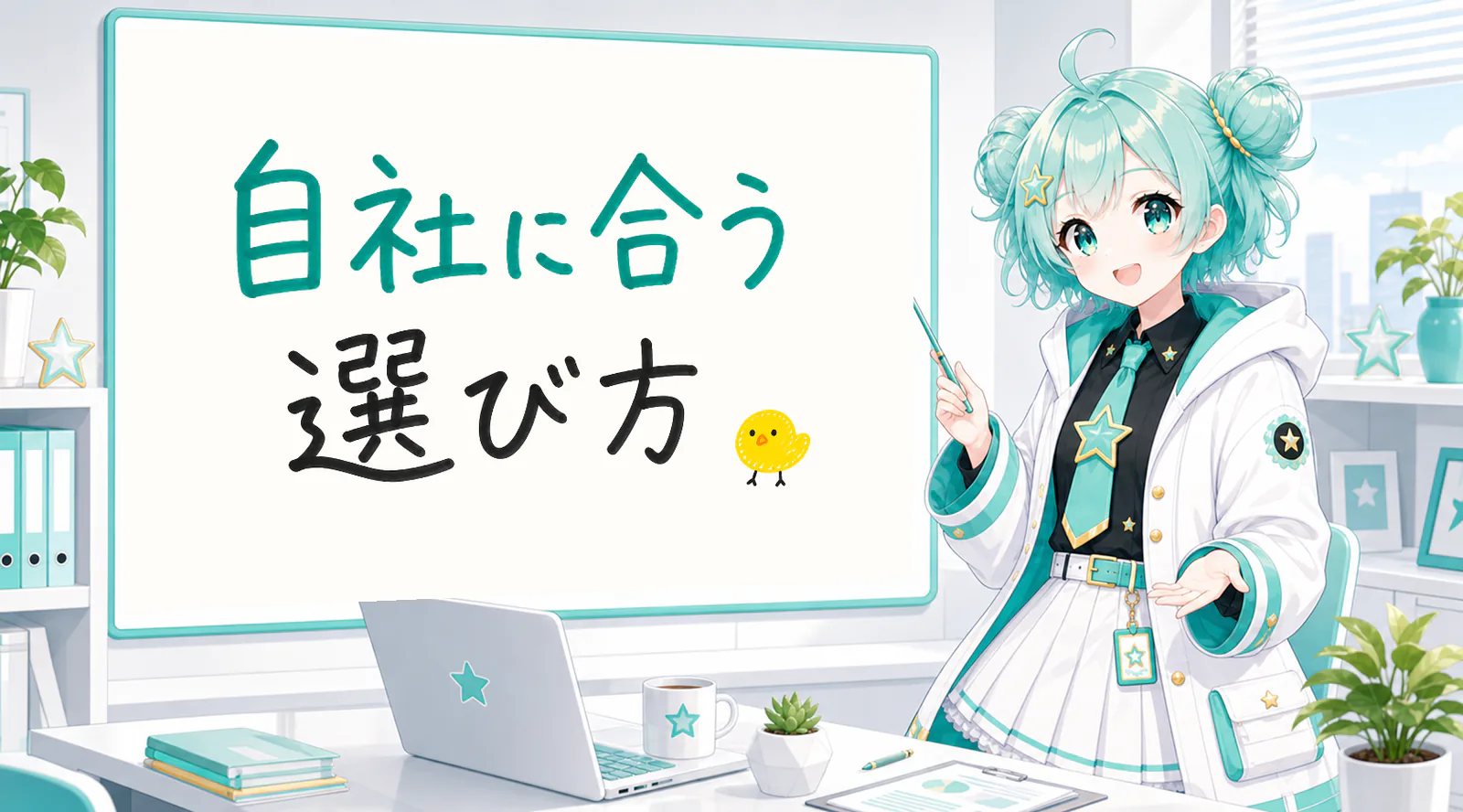 「自社に合う選び方」と手書きされたホワイトボードを指す公式キャラクターと、ひよこの落書き
