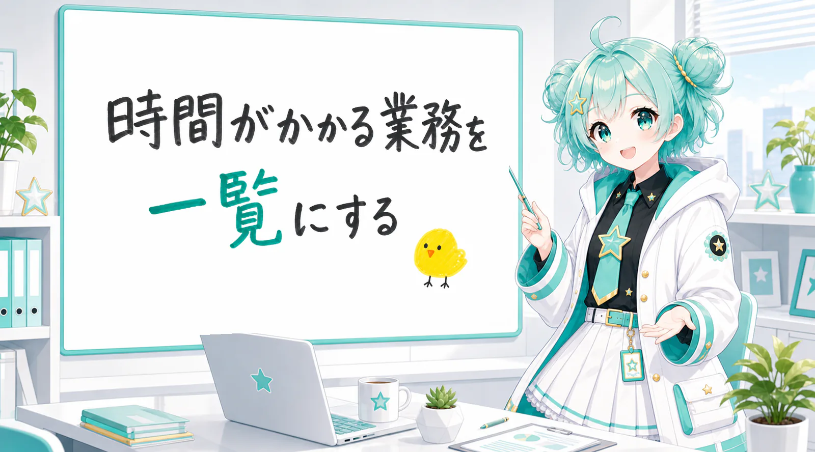「時間がかかる業務を一覧にする」と手書きされたホワイトボードを指す公式キャラクターと、ひよこの落書き