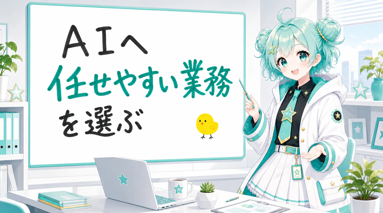 「AIへ任せやすい業務を選ぶ」と手書きされたホワイトボードを指す公式キャラクターと、ひよこの落書き