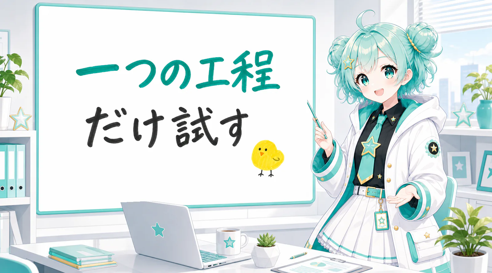 「一つの工程だけ試す」と手書きされたホワイトボードを指す公式キャラクターと、ひよこの落書き