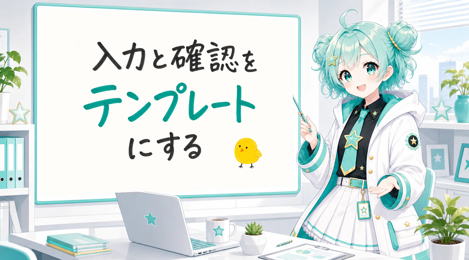 「入力と確認をテンプレートにする」と手書きされたホワイトボードを指す公式キャラクターと、ひよこの落書き
