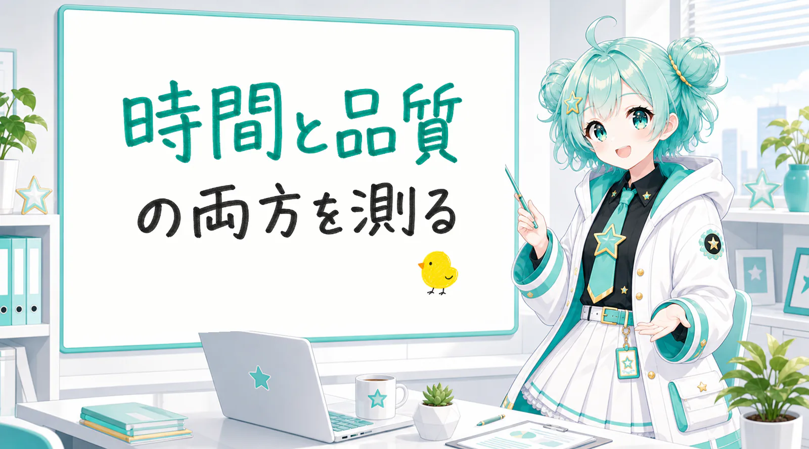 「時間と品質の両方を測る」と手書きされたホワイトボードを指す公式キャラクターと、ひよこの落書き
