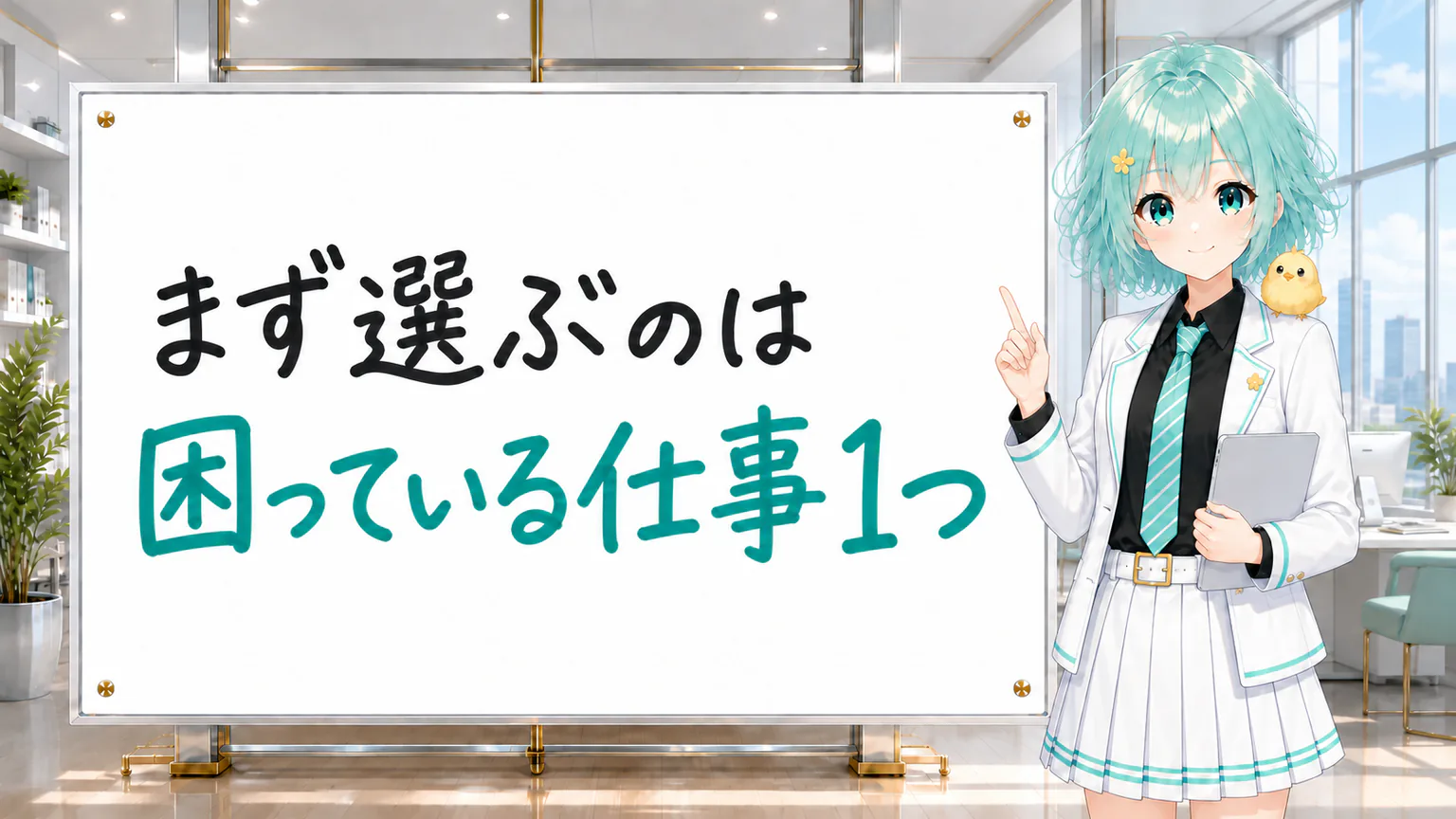 「まず選ぶのは 困っている仕事1つ」と手書きされたホワイトボードを指す公式キャラクター