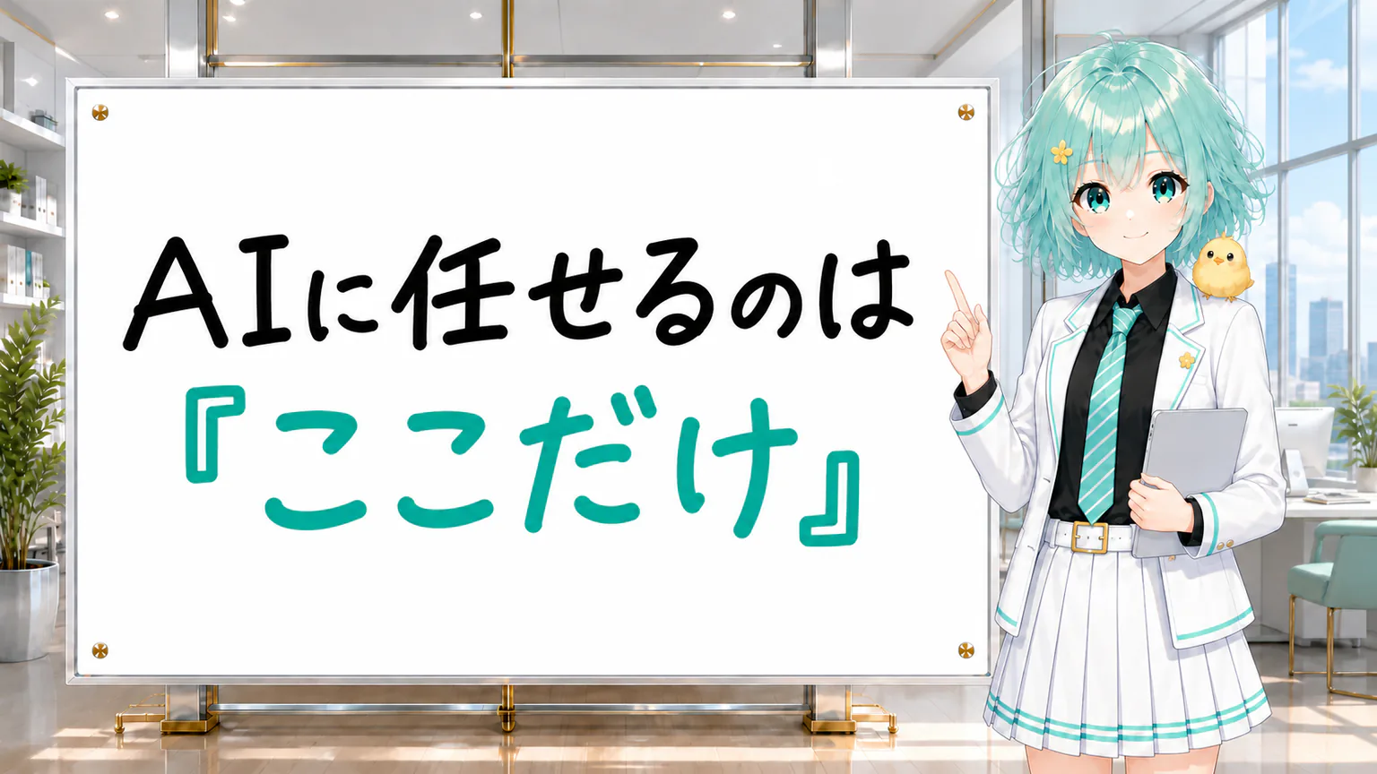「AIに任せるのは『ここだけ』」と手書きされたホワイトボードを指す公式キャラクター