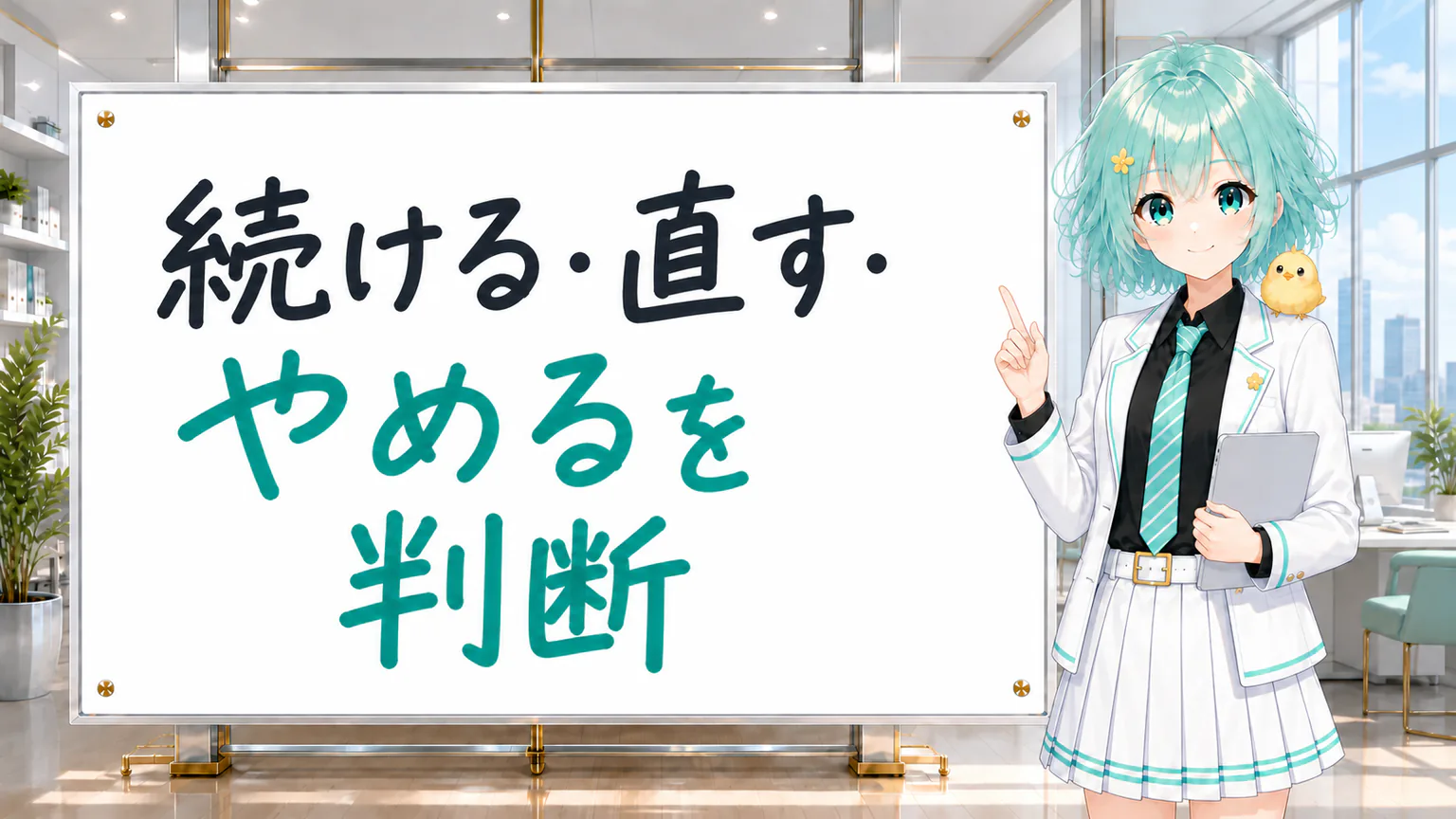 「続ける・直す・やめるを判断」と手書きされたホワイトボードを指す公式キャラクター