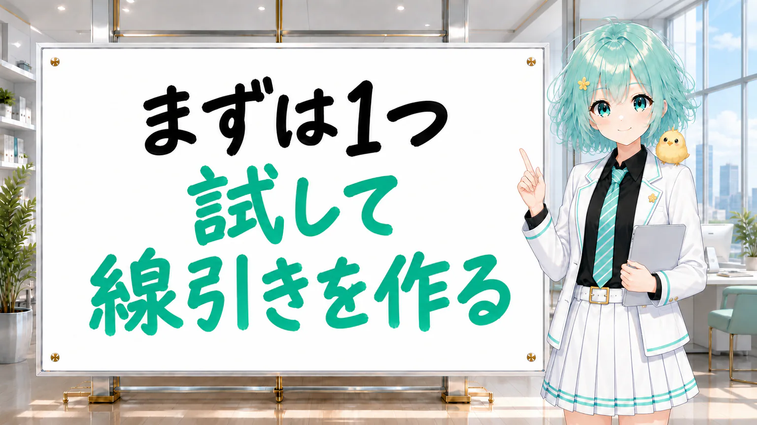 「まずは1つ試して 線引きを作る」と手書きされたホワイトボードを指す公式キャラクター