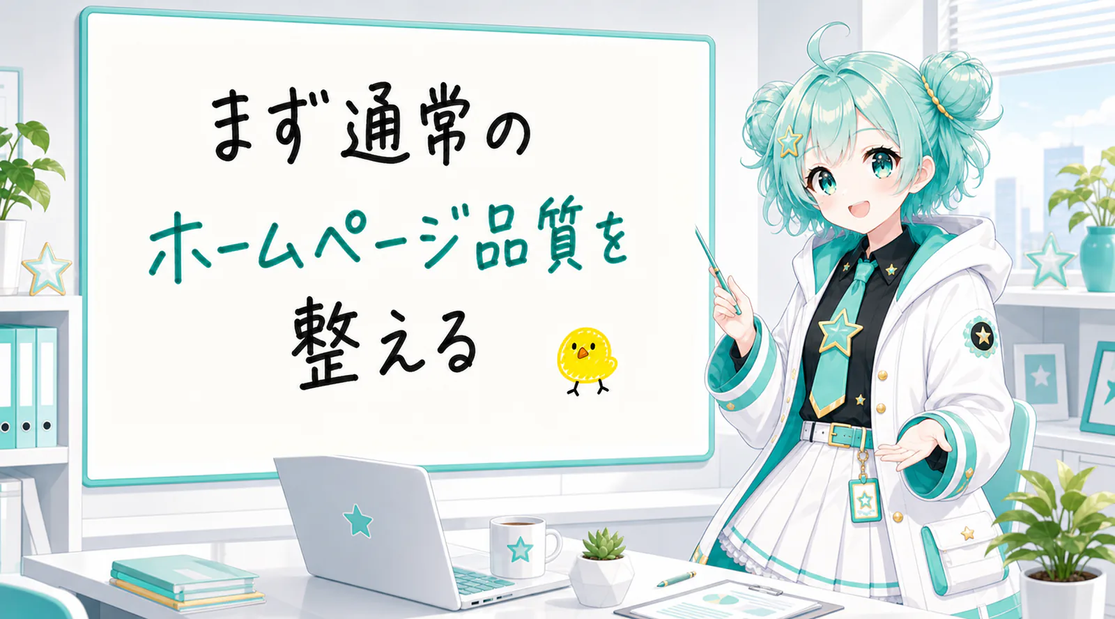 「まず通常のホームページ品質を整える」と手書きされたホワイトボードを指す公式キャラクターと、ひよこの落書き