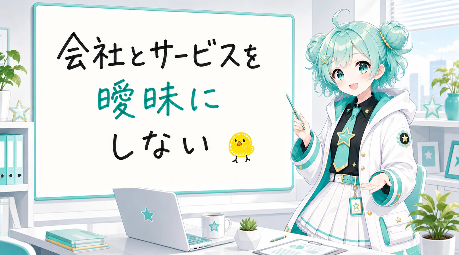 「会社とサービスを曖昧にしない」と手書きされたホワイトボードを指す公式キャラクターと、ひよこの落書き
