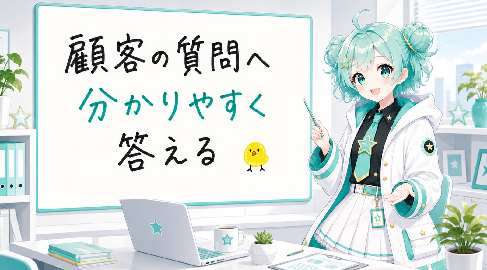 「顧客の質問へ分かりやすく答える」と手書きされたホワイトボードを指す公式キャラクターと、ひよこの落書き