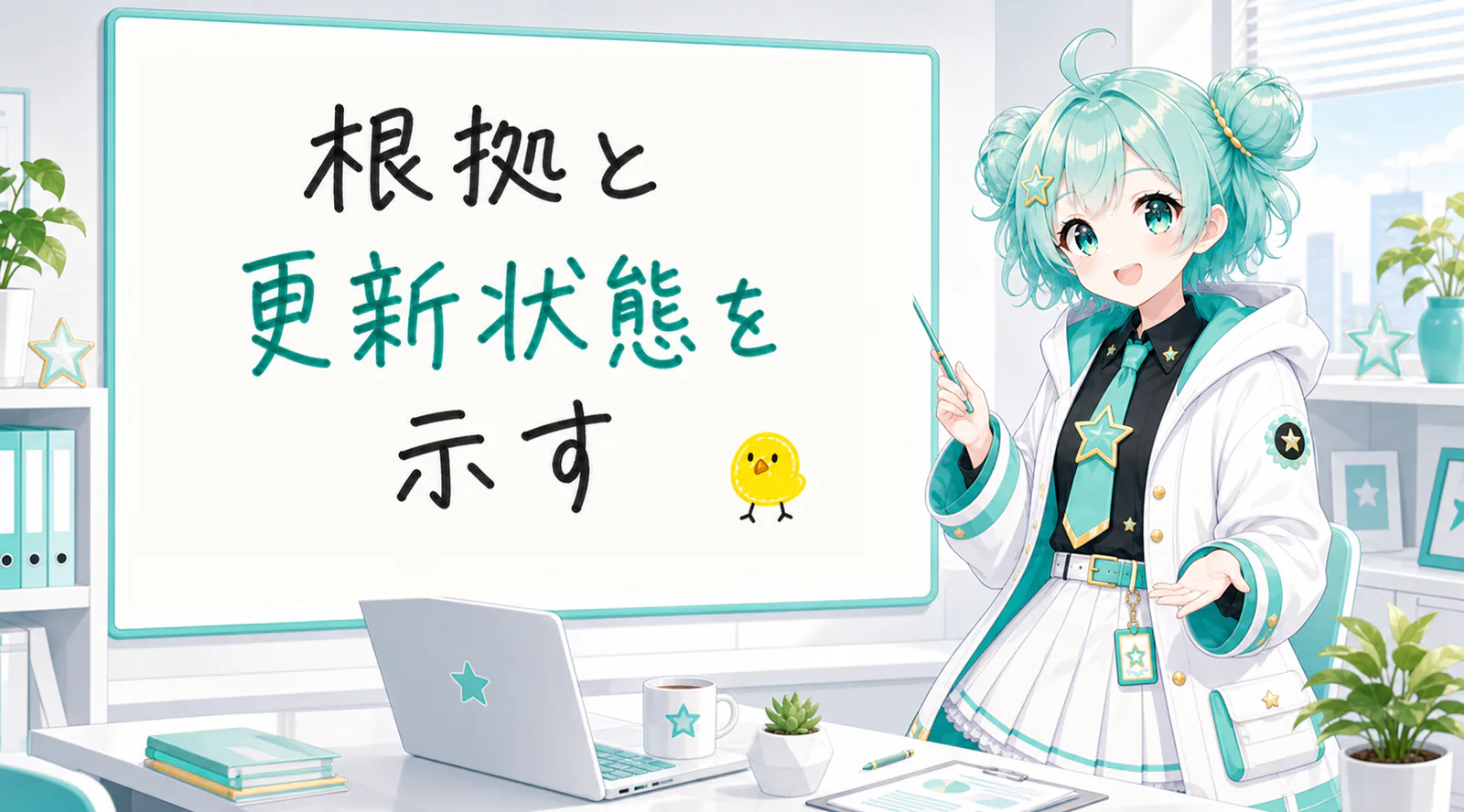 「根拠と更新状態を示す」と手書きされたホワイトボードを指す公式キャラクターと、ひよこの落書き