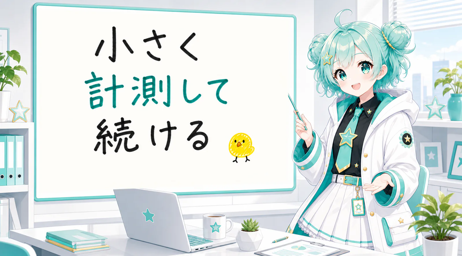 「小さく計測して続ける」と手書きされたホワイトボードを指す公式キャラクターと、ひよこの落書き