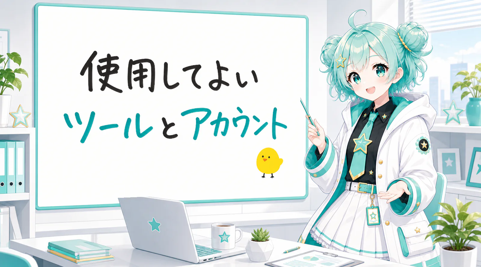 「使用してよいツールとアカウント」と手書きされたホワイトボードを指す公式キャラクターと、ひよこの落書き