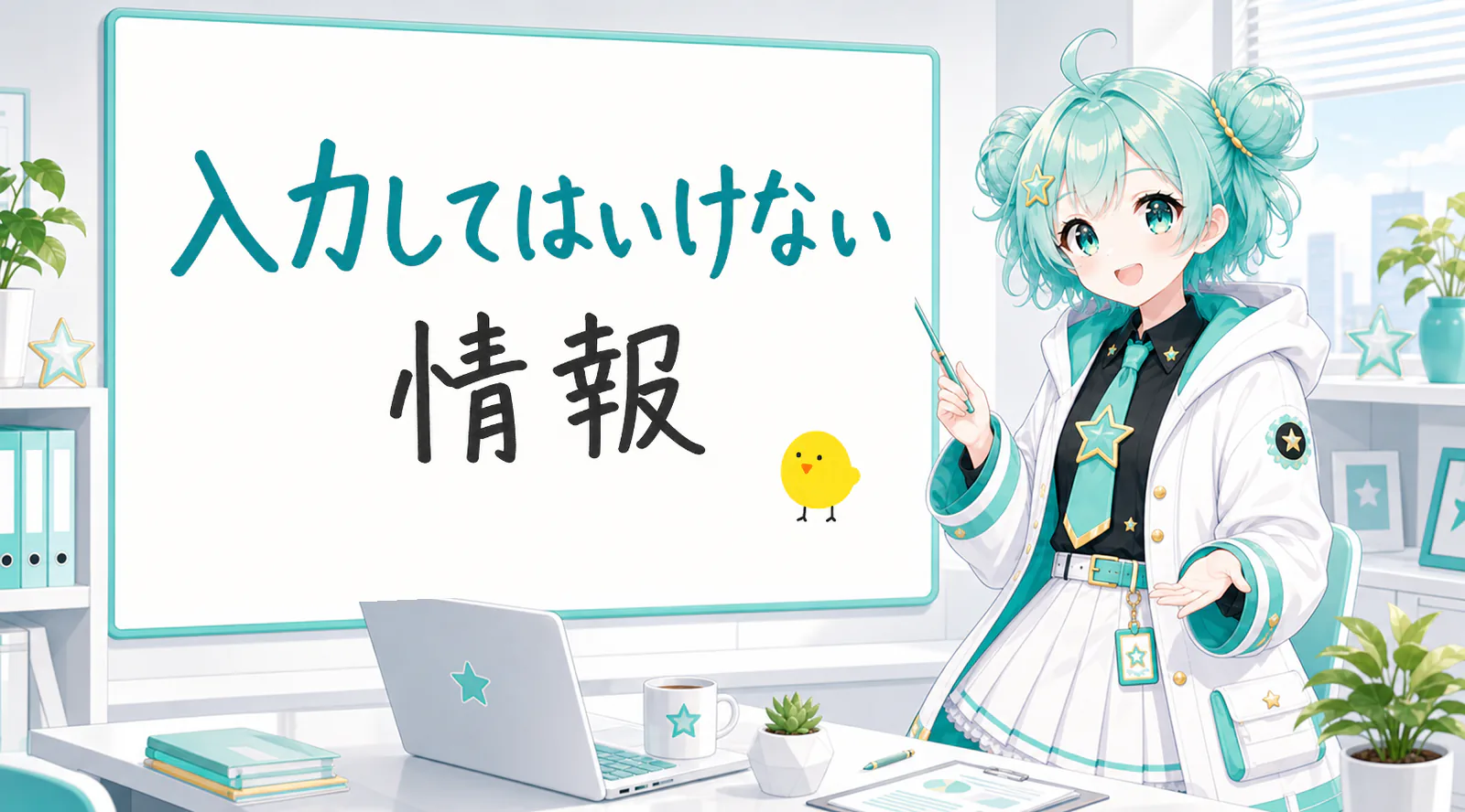 「入力してはいけない情報」と手書きされたホワイトボードを指す公式キャラクターと、ひよこの落書き