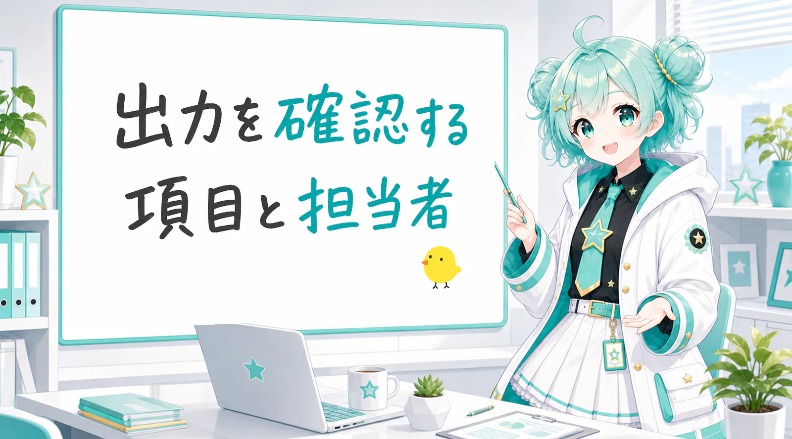 「出力を確認する項目と担当者」と手書きされたホワイトボードを指す公式キャラクターと、ひよこの落書き