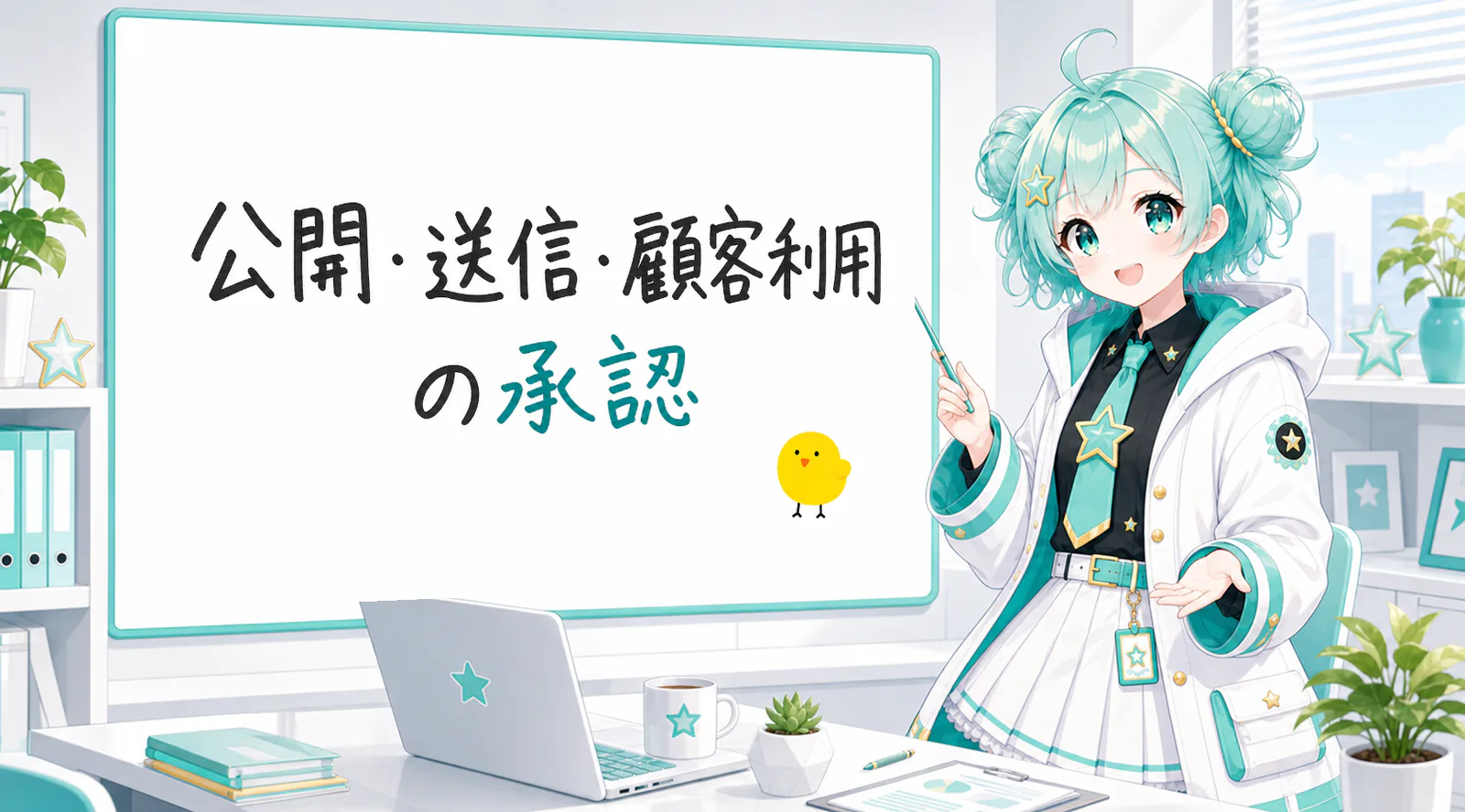 「公開・送信・顧客利用の承認」と手書きされたホワイトボードを指す公式キャラクターと、ひよこの落書き