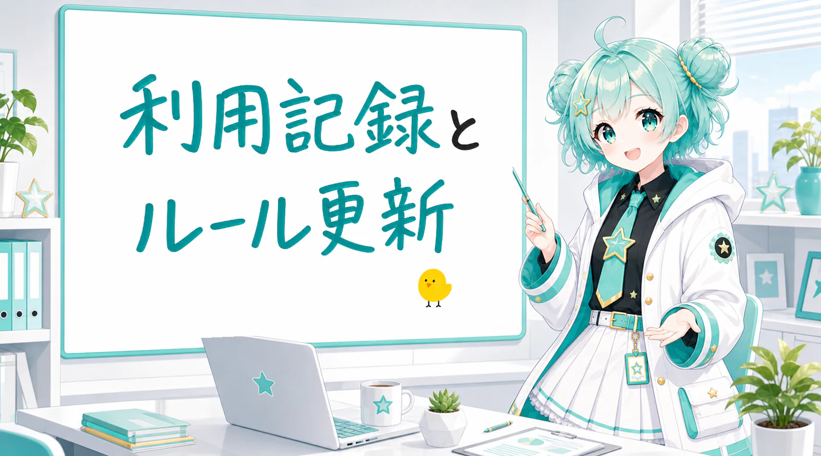 「利用記録とルール更新」と手書きされたホワイトボードを指す公式キャラクターと、ひよこの落書き