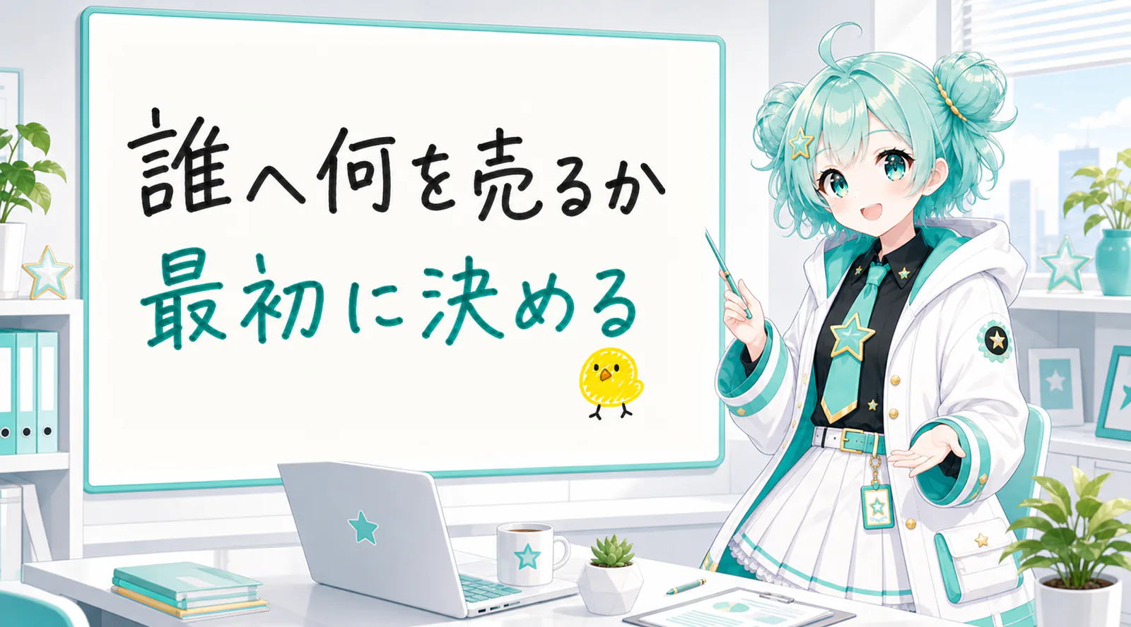 「誰へ何を売るか最初に決める」と手書きされたホワイトボードを指す公式キャラクターと、ひよこの落書き