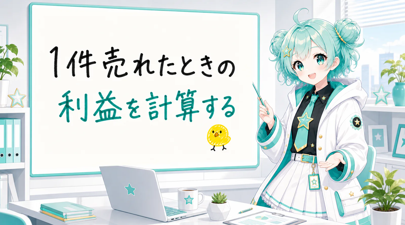 「1件売れたときの利益を計算する」と手書きされたホワイトボードを指す公式キャラクターと、ひよこの落書き