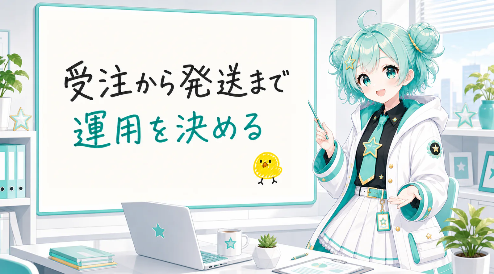 「受注から発送まで運用を決める」と手書きされたホワイトボードを指す公式キャラクターと、ひよこの落書き