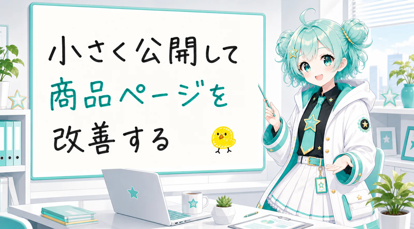 「小さく公開して商品ページを改善する」と手書きされたホワイトボードを指す公式キャラクターと、ひよこの落書き