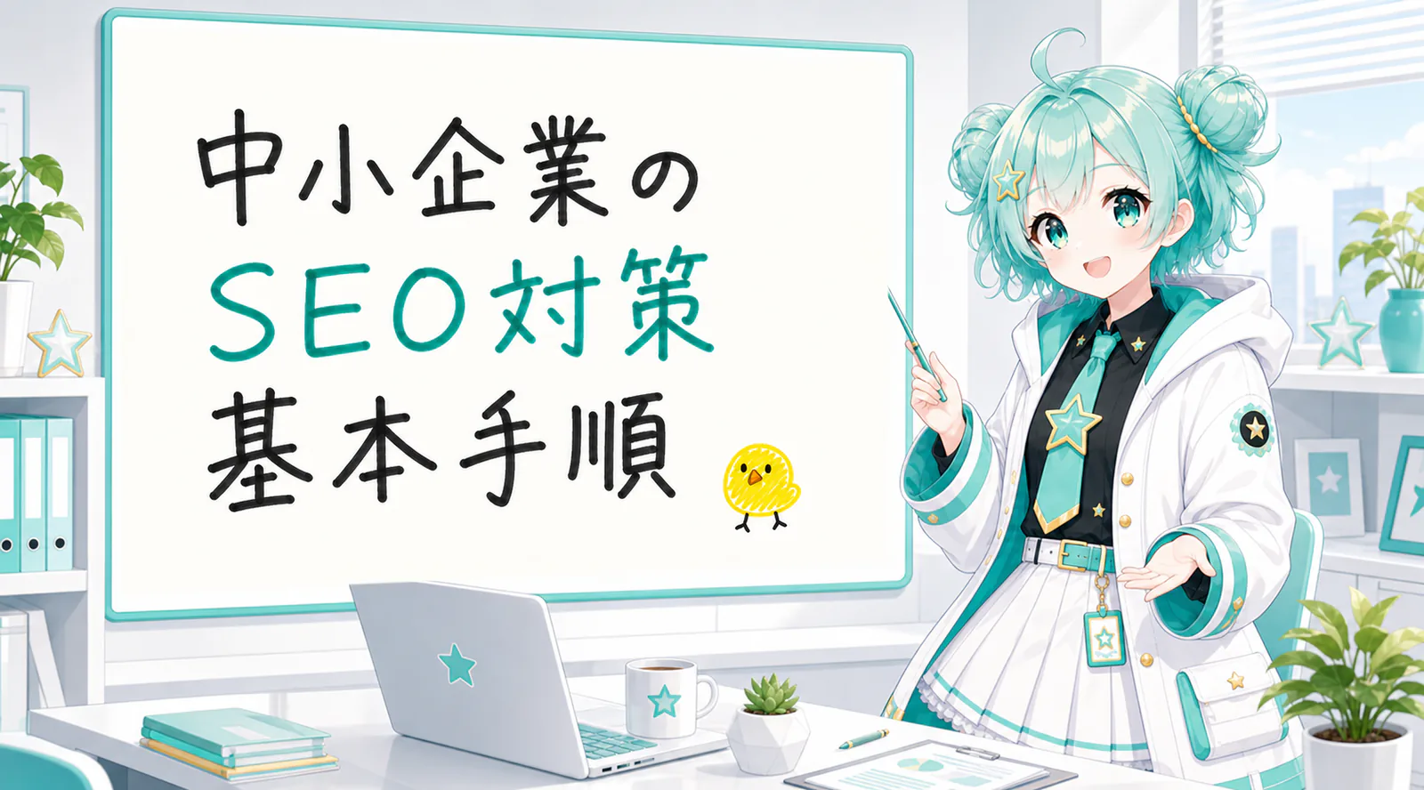 「中小企業の SEO対策 基本手順」と手書きされたホワイトボードを指す公式キャラクターと、ひよこの落書き