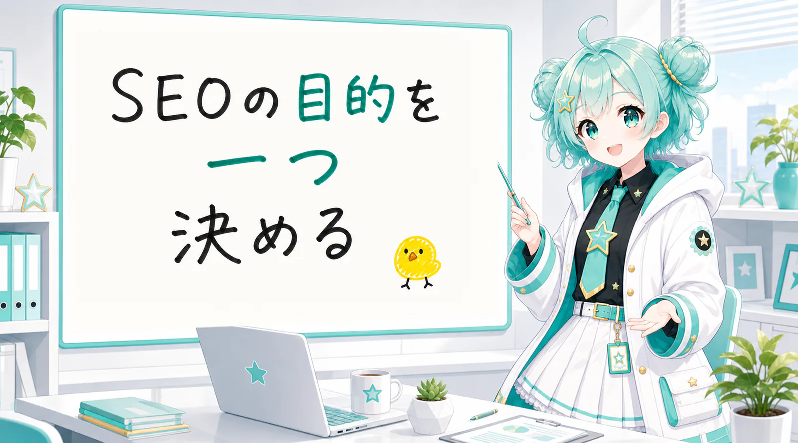 「SEOの目的を一つ決める」と手書きされたホワイトボードを指す公式キャラクターと、ひよこの落書き