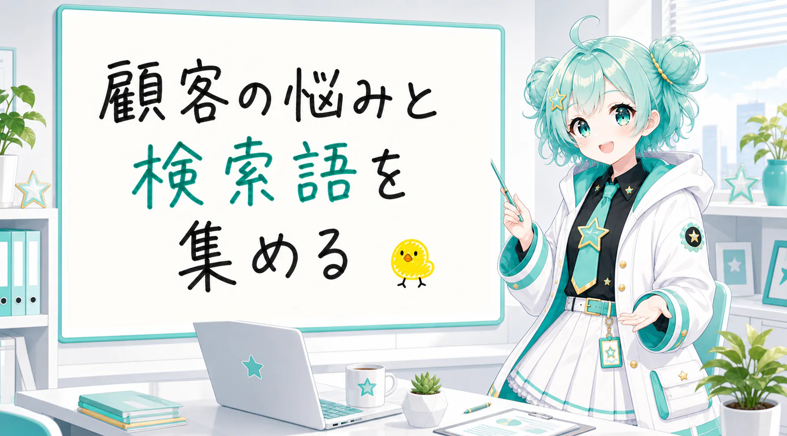 「顧客の悩みと検索語を集める」と手書きされたホワイトボードを指す公式キャラクターと、ひよこの落書き