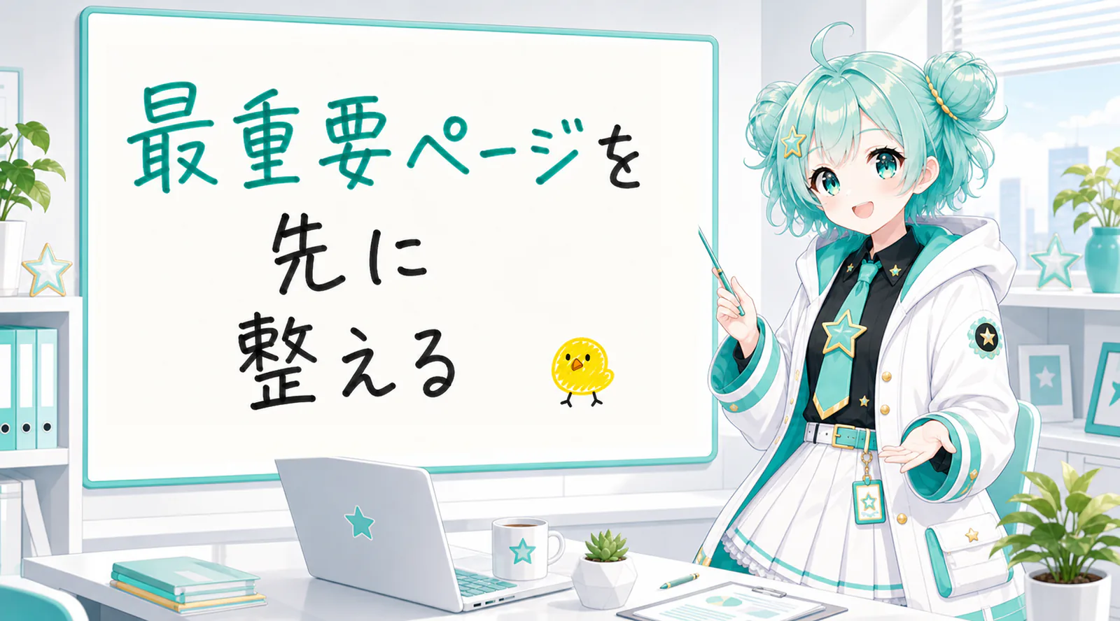 「最重要ページを先に整える」と手書きされたホワイトボードを指す公式キャラクターと、ひよこの落書き