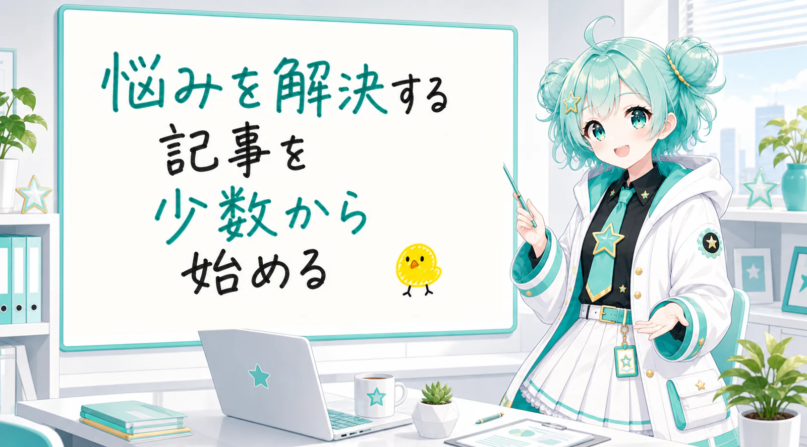 「悩みを解決する記事を少数から始める」と手書きされたホワイトボードを指す公式キャラクターと、ひよこの落書き